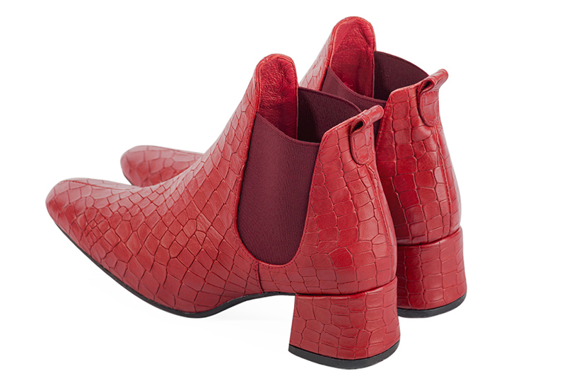 Scarlet red women's ankle boots, with elastics. Square toe. Low flare heels. Rear view - Florence KOOIJMAN
